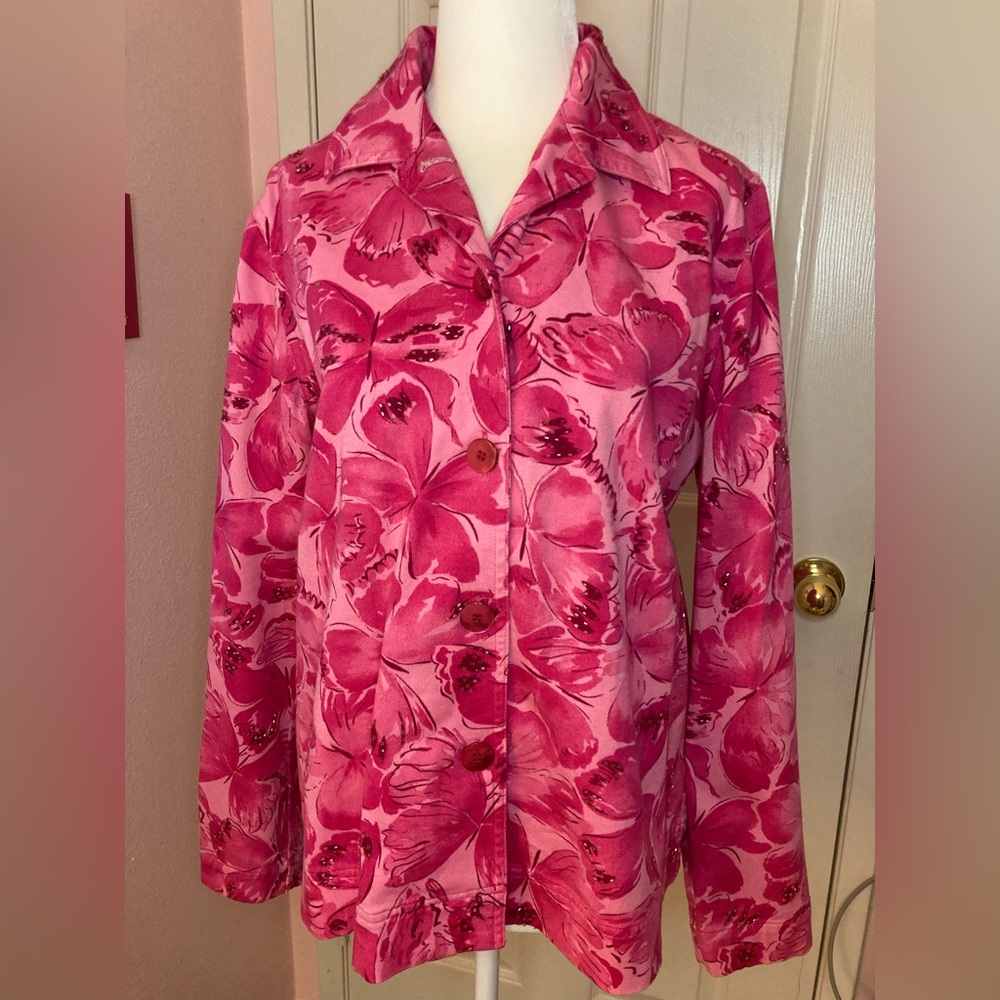 Size SMALL- Pink butterfly embroidered jean jacket